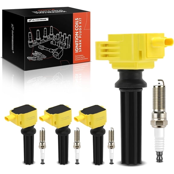 A-Premium (Yellow) Set of 8 Ignition Coil Pack and Iridium & Platinum Spark Plugs Compatible with Ford Explorer Escape Fusion Focus Edge Mustang Taurus & Lincoln MKZ MKC MKT, 2.0L 2.3L, # CM5Z12029A