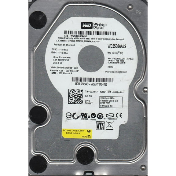 WD2500AAJS-75VWA0, DCM HHNNNT2MHN, Western Digital 250GB SATA 3.5 Hard Drive