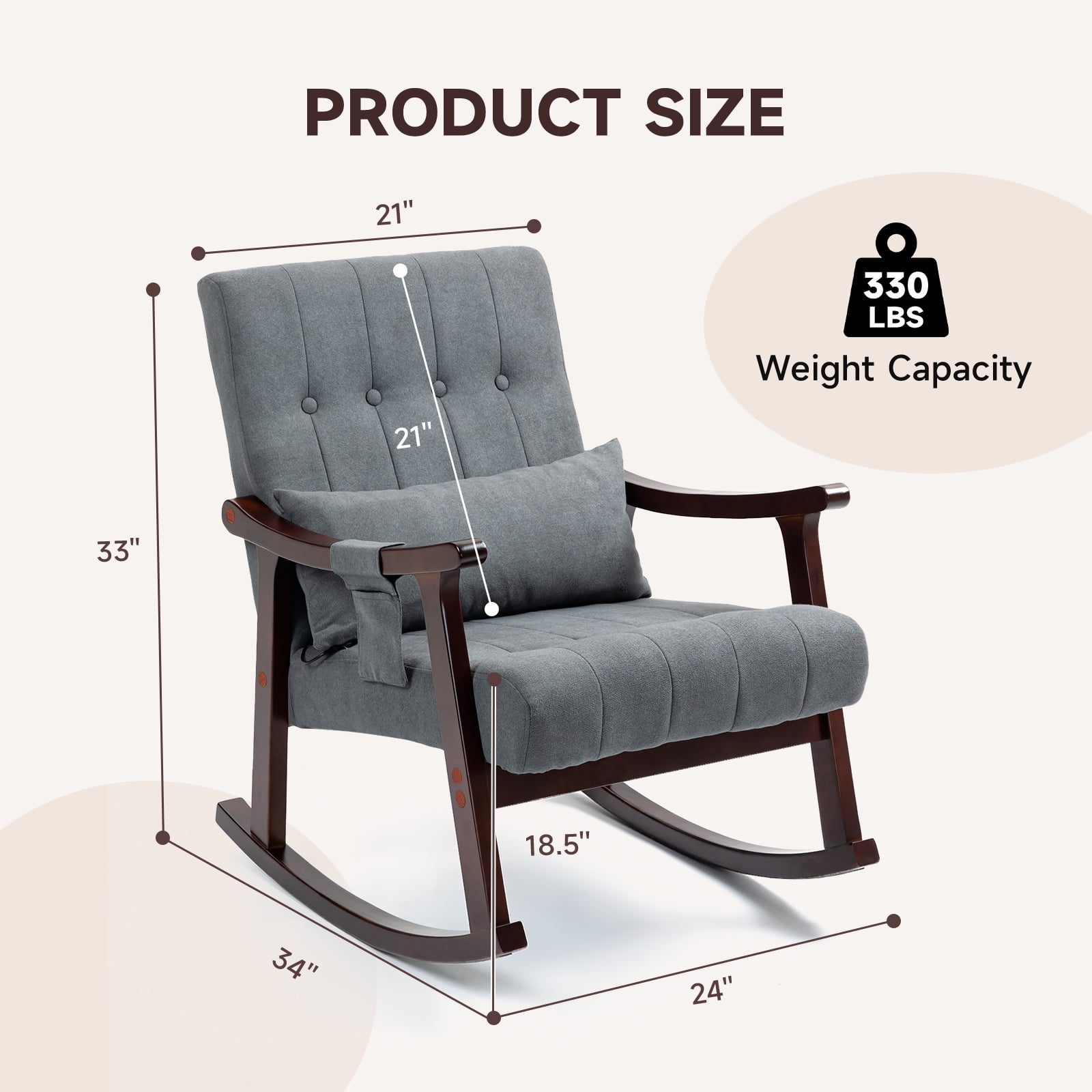 AVAWING Upholstered Rocking Chair with Massage Lumbar Support, Comfy Rocker Glider Chair for Nursery, Modern High Back Armchair for Living Room, Indoor Chair, Polyester, Dark Gray