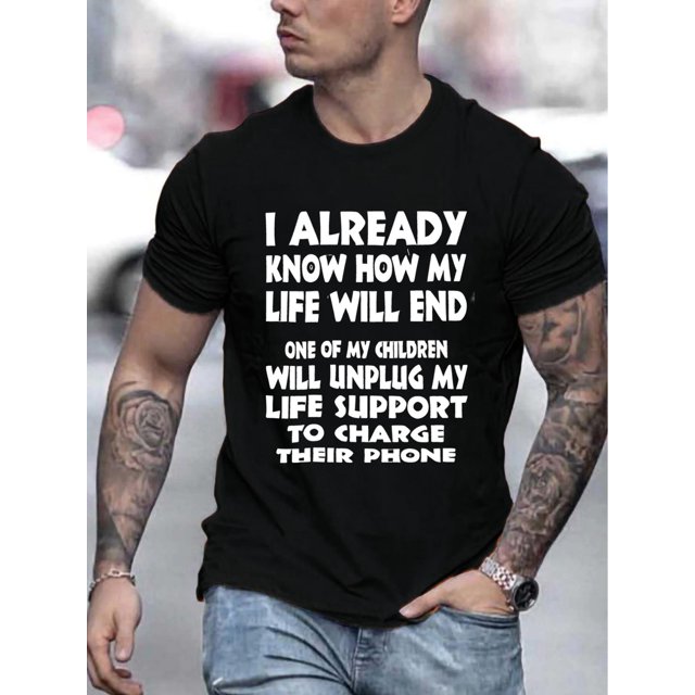 1pc Men'S Casual Crew Neck T-Shirt, Knit Fabric with Slight Stretch, Regular Fit, Summer Fashion, Printed Humorous Quote Tee