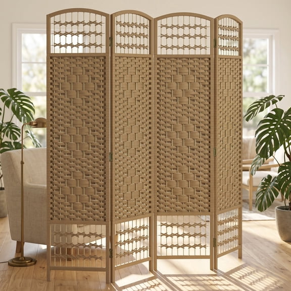 Zateety 4 Panel Room Divider, 5.6 ft Folding Privacy Screen with Hand-Woven Natural Fiber, Freestanding Wood Frame Partition for Home Office