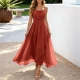 thumbnail image 2 of NordicNest Women's Spaghetti Strap Tulle Midi Dress Cowl Neck Ruched Bodice with Asymmetrical Flowy Skirt Elegant Party Wedding Guest Gown Orange,L, 2 of 5