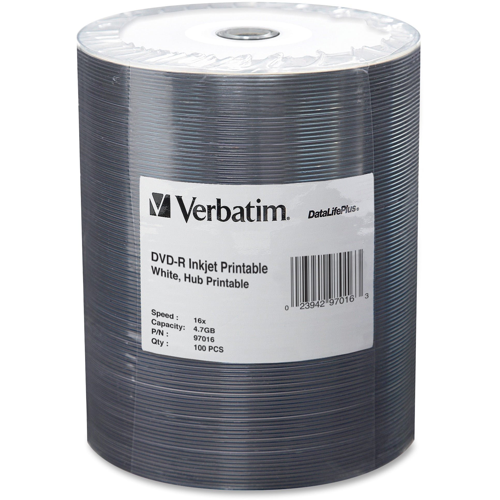 Verbatim, VER97016, 16X DataLifePlus Inkjt Hub Printable DVD-Rs, 100, White photograph regarding Printable Dvd Rs named Verbatim, VER97016, 16X DataLifePlus Inkjt Hub Printable DVD-Rs, 100, White