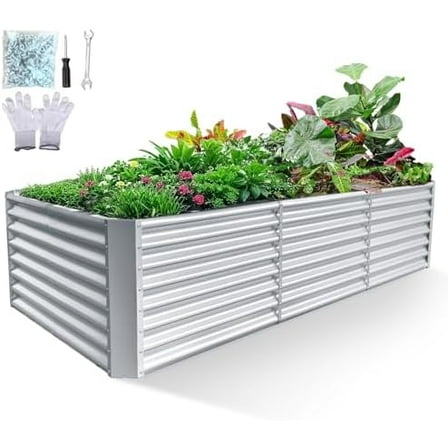 8x4x2ft Galvanized Raised Garden Bed, Planter Raised Garden Boxes Outdoor, Large Metal Raised Beds for Gardening, Garden Bed for Vegetables, Flowers, Herb, Silver$$Garden &