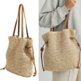 thumbnail image 2 of Yoetaun Large Capacity Cotton Woven Shoulder Bag for Women Drawstring Bucket Bags Straw Handbag with Comfortable Strap Beige, 2 of 8