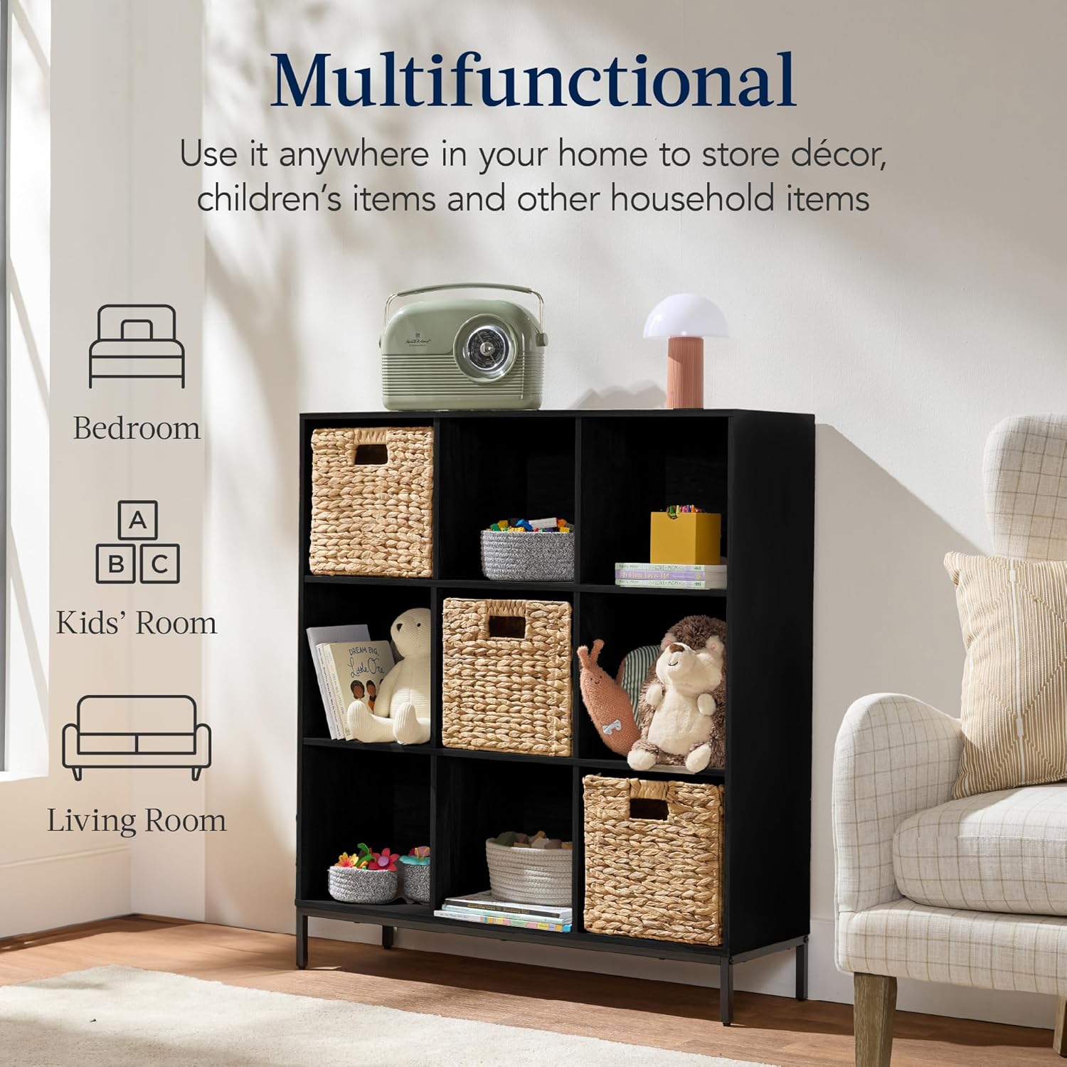 9-Cube Bookshelf, 3-Tier Wood Storage Bookcase W/Legs, 11in Shelf Opening, Cube Organizer, Living Room, Office, Nursery – Black
