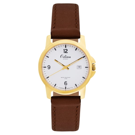 Orlean Mens Easy to Read Watch with Date - 316L Stainless Steel Case with Leather Watch Band - 38mm Analog Men's Wrist Watches - White Dial - Gold / Brown Band