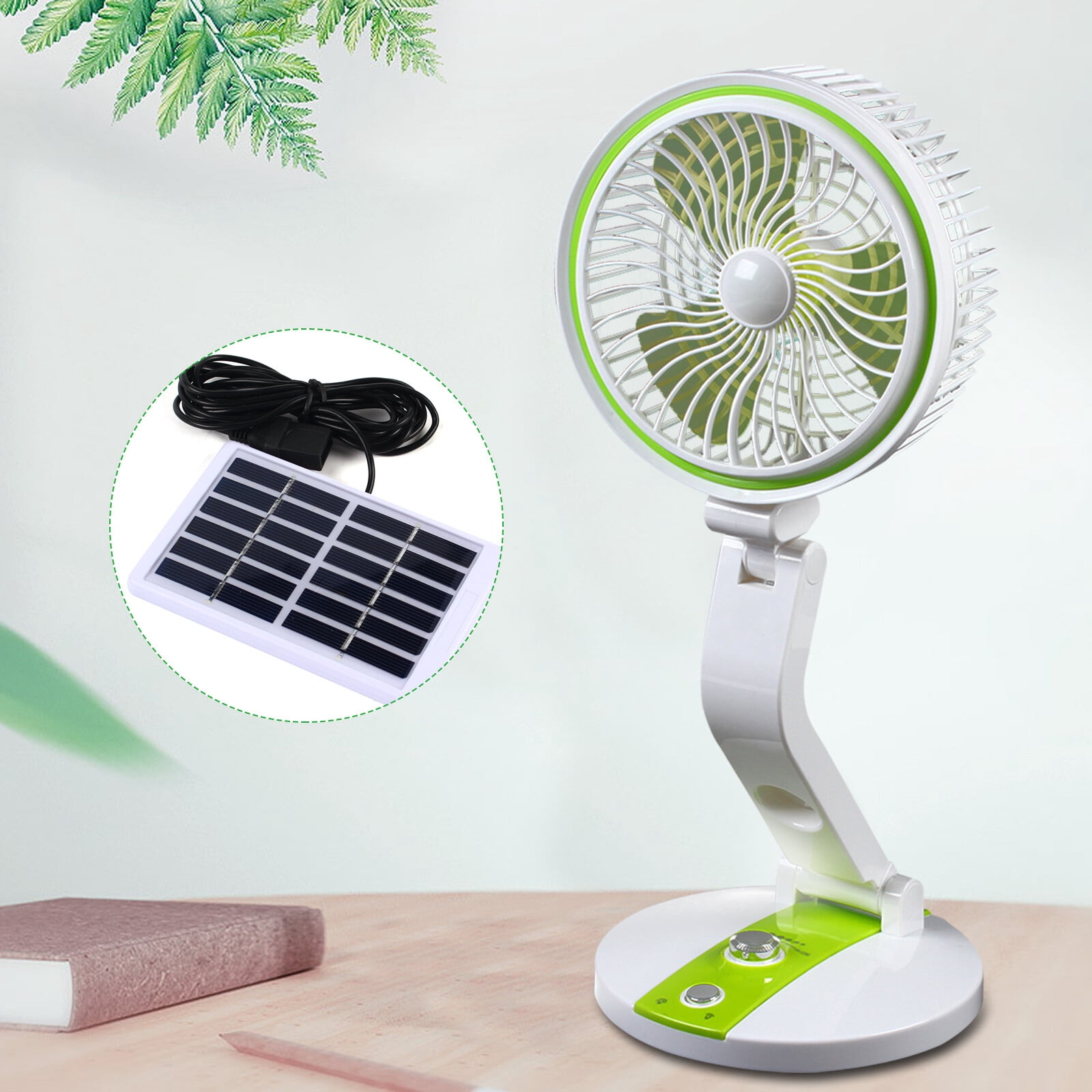 Miumaeov Solar Power Fan Tabletop with LED Light Portable Desk Rechargeable Fan w/ Cable