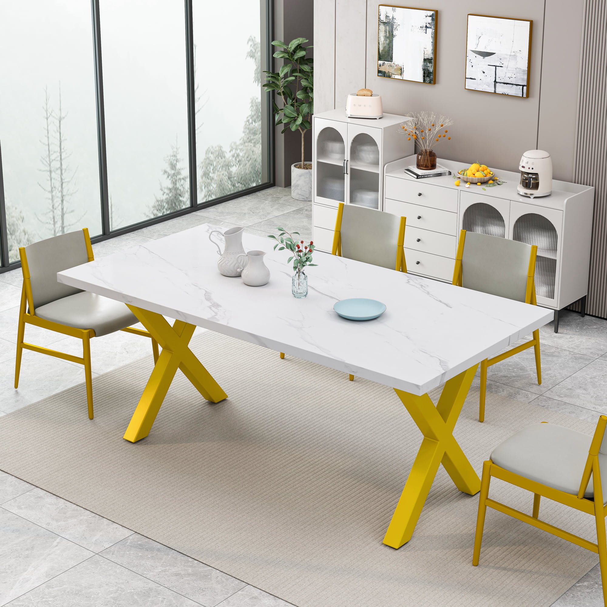70.87"Modern Square Dining Table with Printed White Marble Table Top+Gold X-Shape Table Leg ...