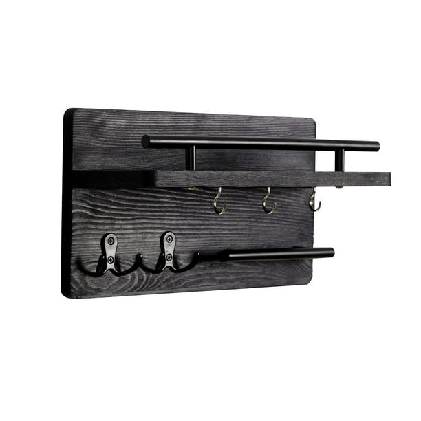 Perchero de pared con estante, soporte para llaves resistente, ganchos para abrigos, sombreros, bufandas, abrigos, mochilas, salas de estar Negro
