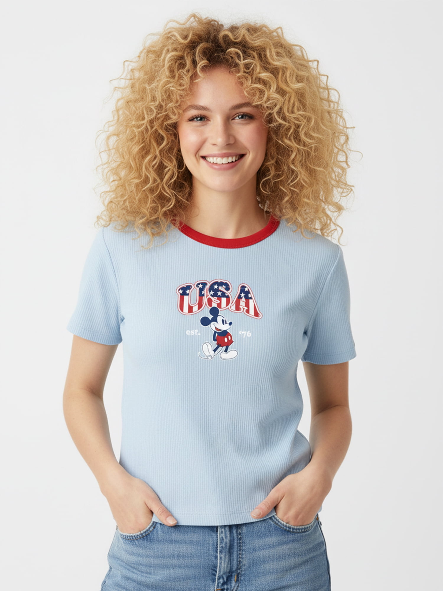 Disney Women's Mickey Stars and Stripes Graphic Baby Tee with Short Sleeves, Sizes XXS-XXL
