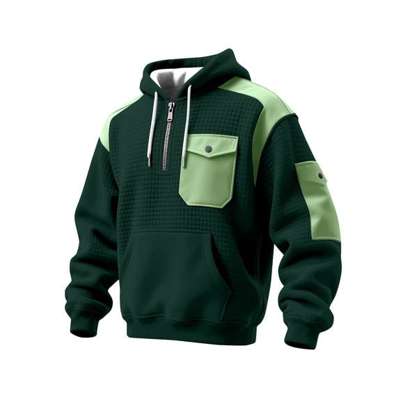 LWavelet Hoodies For Men Big And Tall Winter Waffle Quarter Zip Pullover Casual Fall Sweatshirts With Pocket Streetwear Outfit Dark Green 2XL