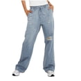 thumbnail image 2 of Delliss Casual Denim Pants for Women Trendy Solid Color Baggy Drawstring Straight Wide Leg Jeans, 2 of 5
