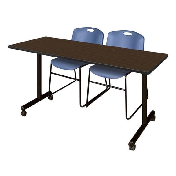 Regency Kobe 60 x 24" Mobile T-Base Table-Neo Walnut/2 Zeng Stack Chairs- Blue