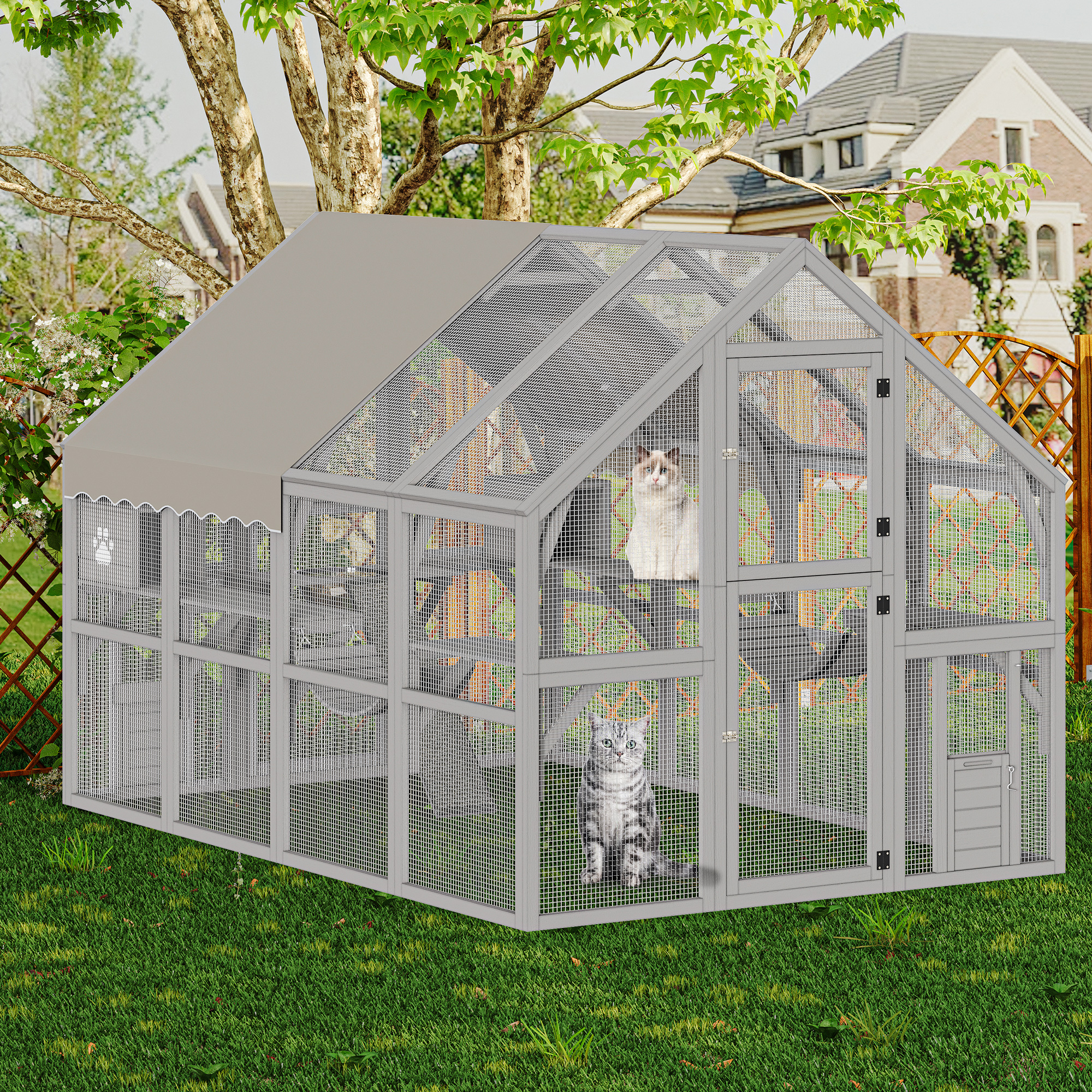 Craftian 110" Catio Outdoor Cat Enclosure Large Wooden Cat House with with Weatherproof Roof, Cat Scratcher Ramp, Space Capsule Bed, 2 Bridges, 2 Resting Houses, 7 Platforms for Multiple Cats