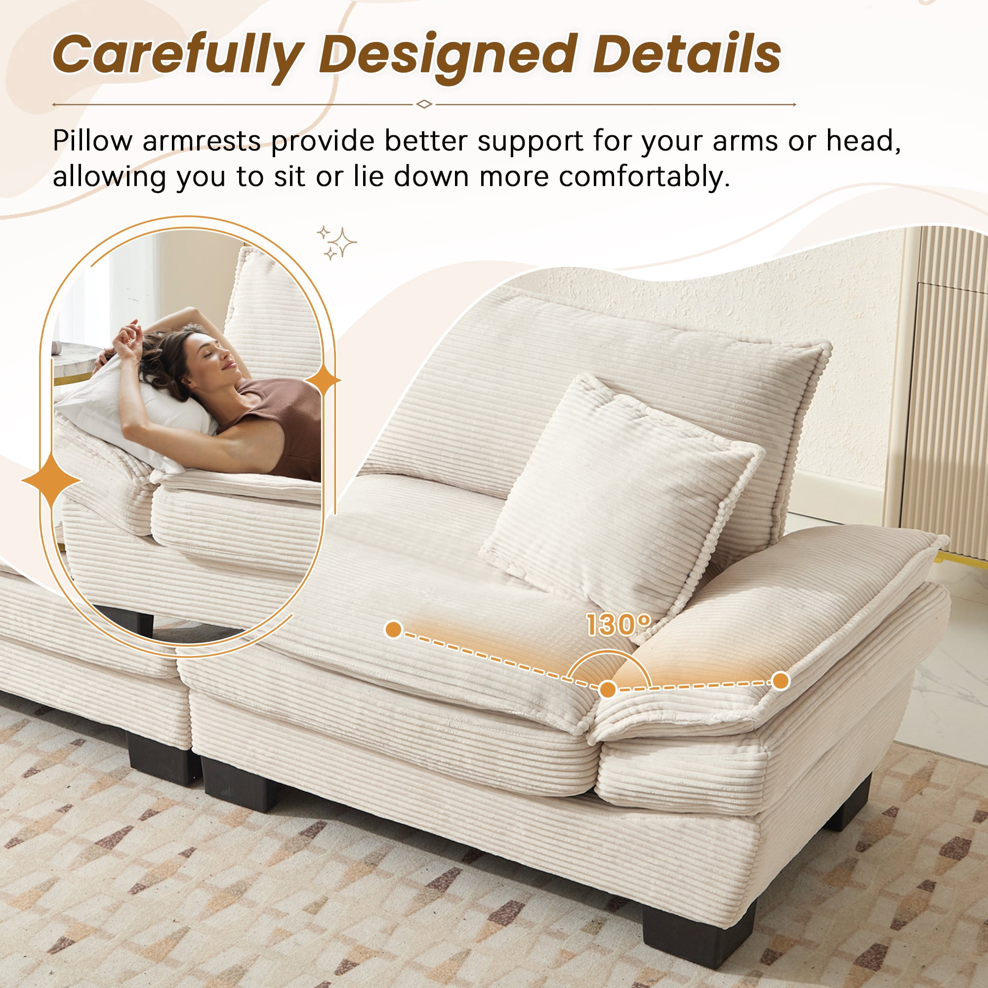 Dinosisco 84"L Deep Seat Sofa, Corduroy Upholstered Sleeper Couch for Living Room, Beige