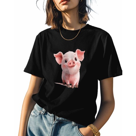 Piggy Pink Womens Tshirt Graphic Tees Cotton Crew Neck T-Shirts, Casual Short Sleeve Shirts for Women Teen Girl