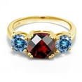 thumbnail image 2 of Gem Stone King 18K Yellow Gold Plated Silver Red Garnet and Persian Blue Moissanite 3 Stone Engagement Ring for Women (3.50 Cttw, Gemstone January Birthstone, Cushion Checkerboard 8MM, Size 9), 2 of 5