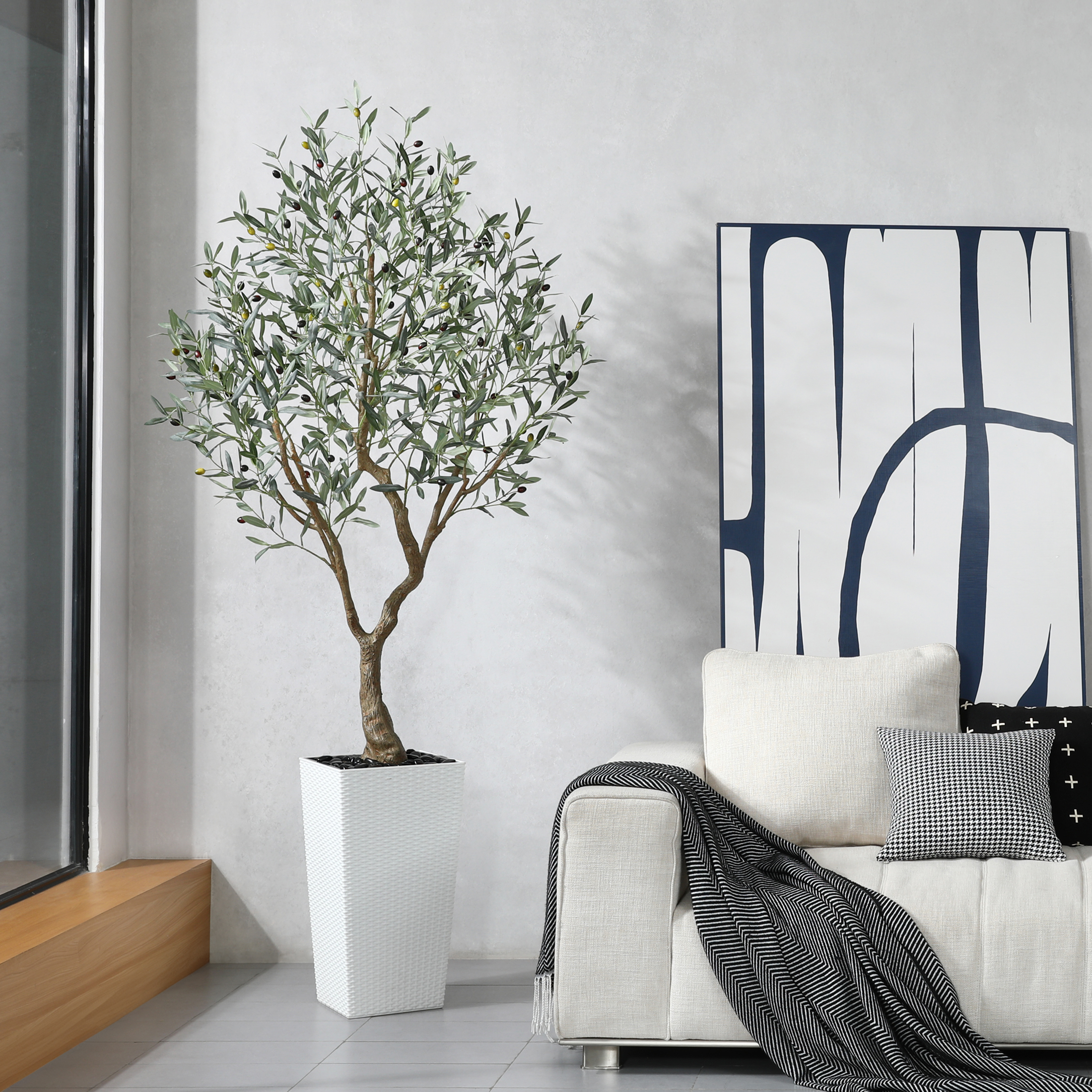 7ft UV Resistant Fake Olive Tree with White Tall Planter, Pre Potted Artificial Olive Tree for Indoor Outdoor Home Decor, Big Faux Plants Fake Plants for Office House Decor