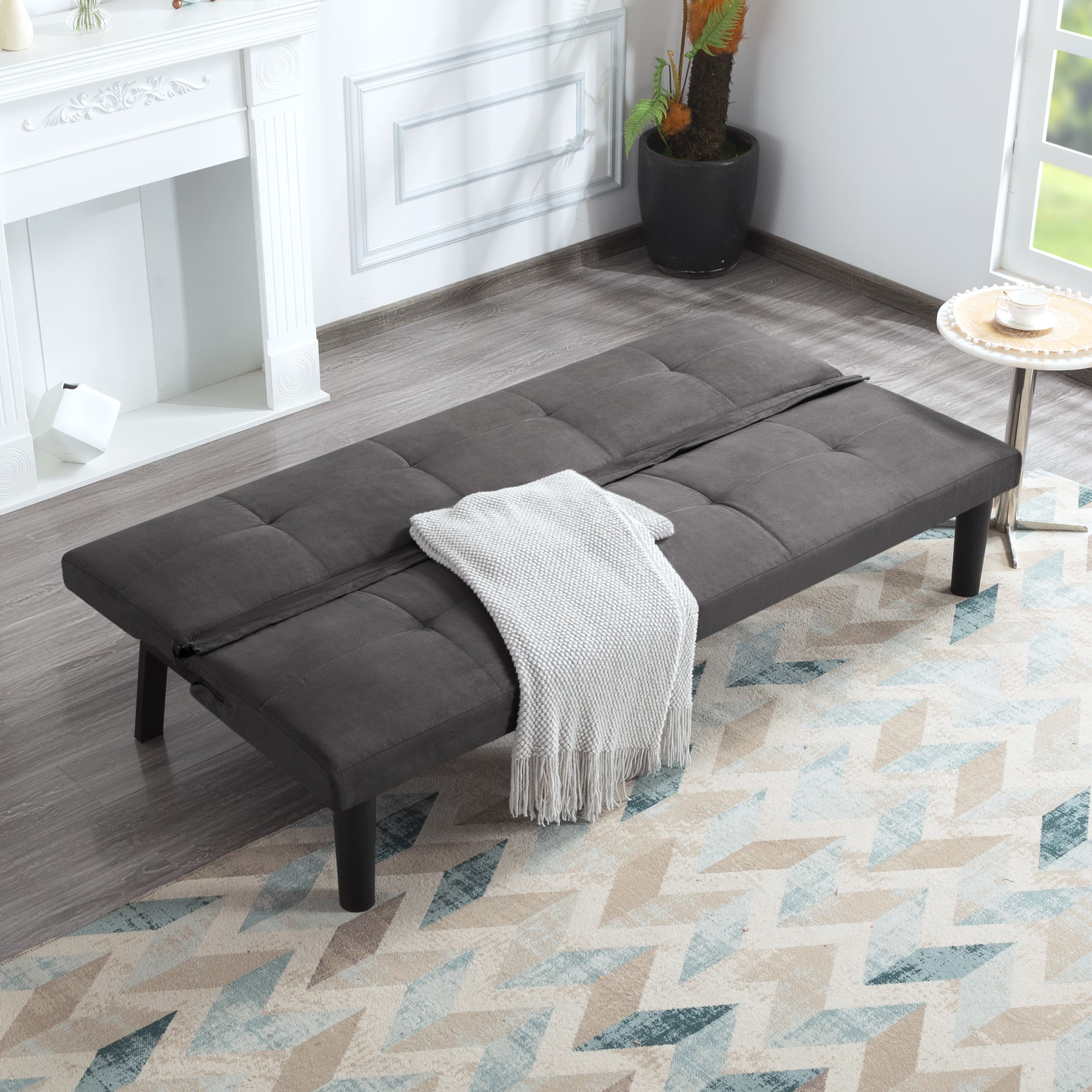 BSHTI 68.9” Futon Sofa Bed,Faux Suede Upholstered,Twin Size Convertible Sofas,with 3 Adjustable Positions,Armless,Plastic Front Legs and Metal Back Legs(Dark Gray)