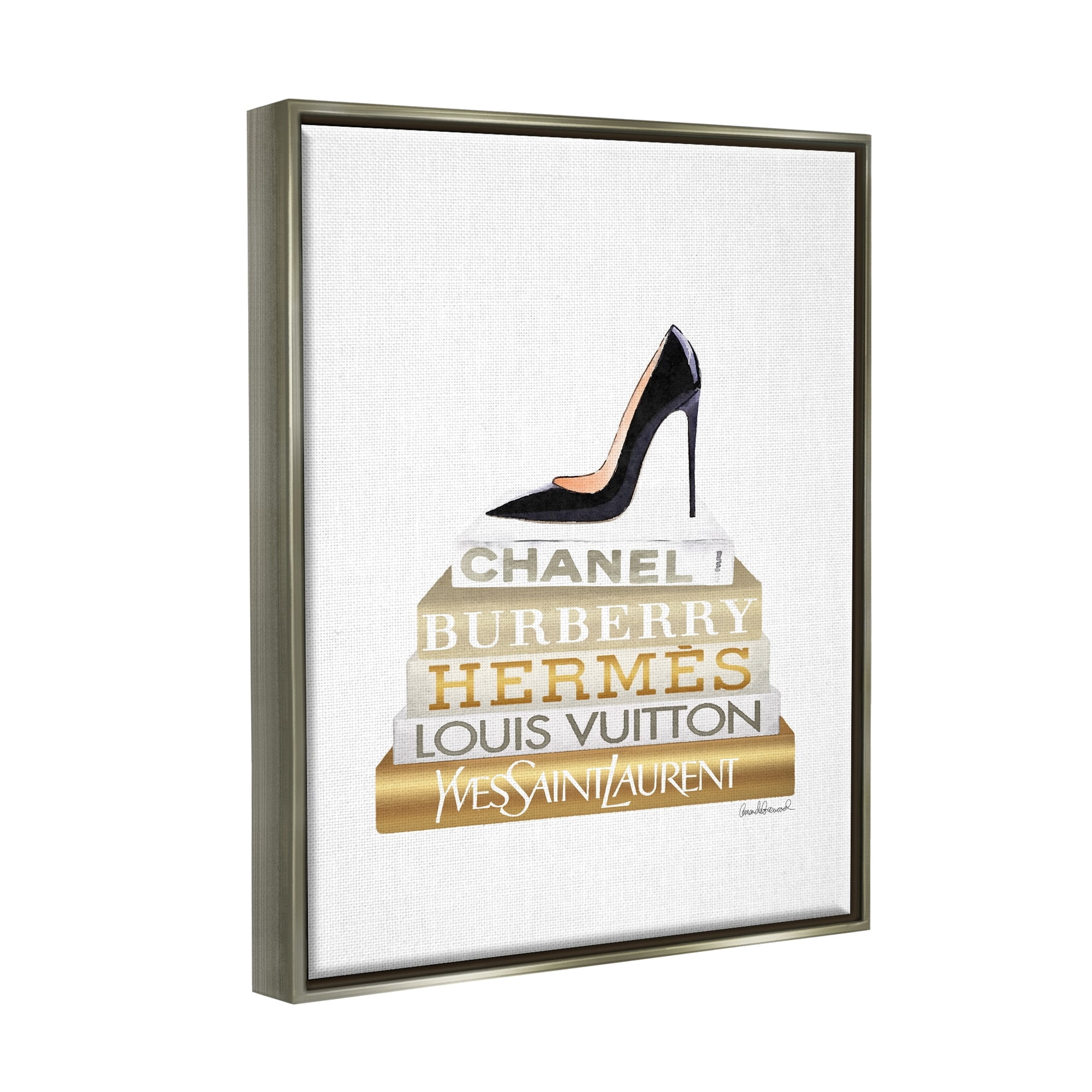 Stupell Industries Black Heels Gold White Bookstack Glam Fashion Design Luster Gray Framed Floating Canvas Wall Art, 24x30, by Amanda Greenwood