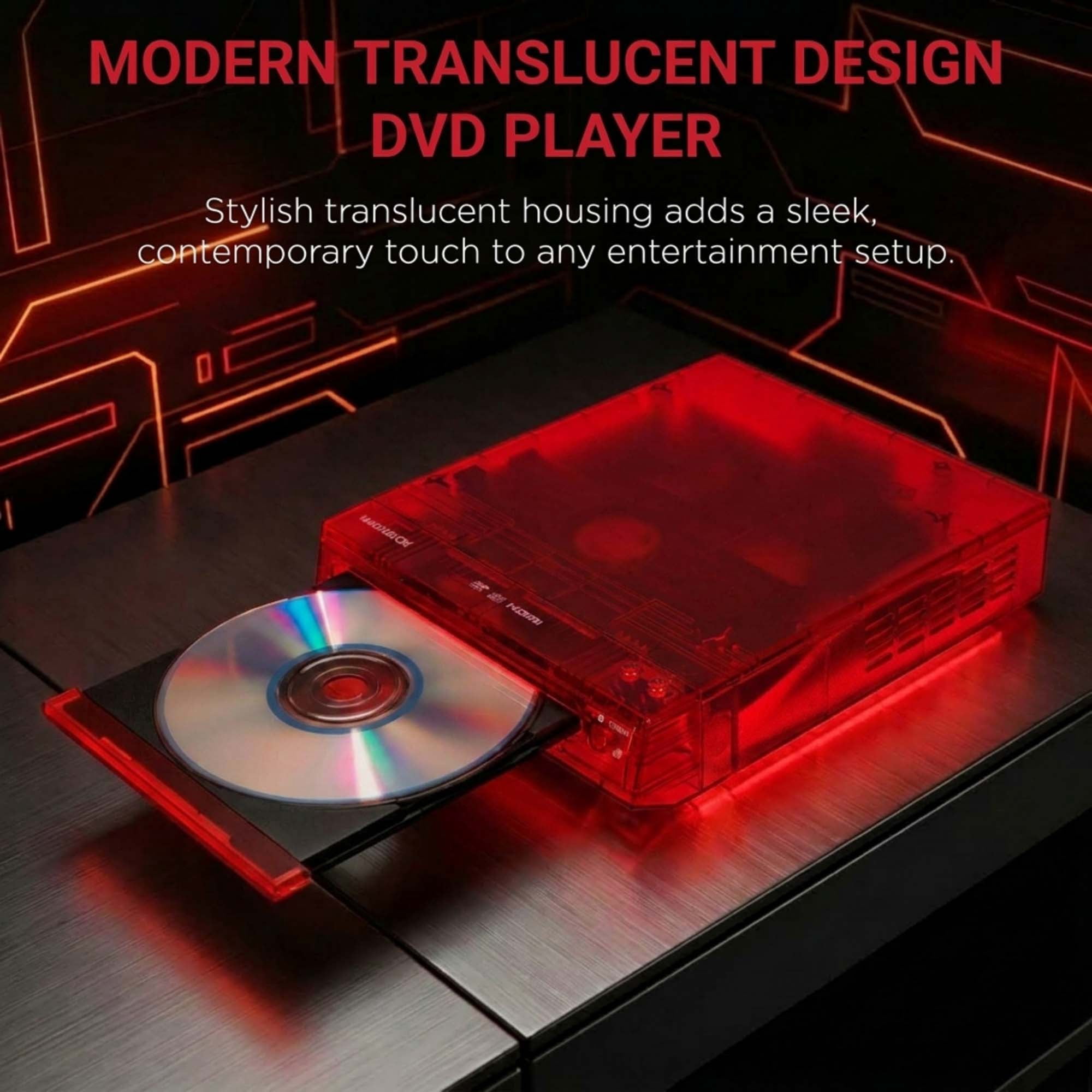 Magnavox Translucent DVD Player with HDMI Cable, Multi-Format DVD CD MP3 Player, HDMI Output, Remote Control, PAL/NTSC Compatible, 2 Channel Audio, Universal Power 100–240V, Red