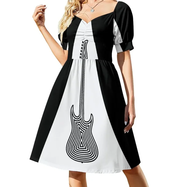 Vestido de manga corta con guitarra eléctrica en blanco y negro para mujer, vestido de verano, vestido de noche, vestido de verano para uso diario.