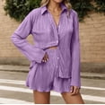 thumbnail image 2 of Women's 2 Piece Shorts Sets Pleated Button Down Long Sleeve Solid Color Shirt Outfits Summer Hawaiian Beach Vacation Loose Suits, 2 of 5