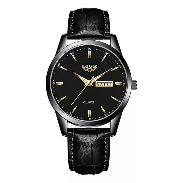Reloj De Cuarzo Lige LG8970 de Hombre Pulsera De Cuero Correa Negro Bisel Negro Fondo Negro