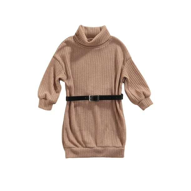 Niños Niñas Vestido de suéter de punto Manga larga Acanalado Cuello alto Ropa de color sólido Cinturón de cintura Otoño Invierno XBTCLXEBCO Caqui, 6-7 años