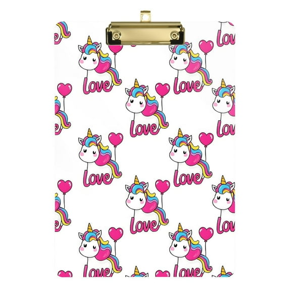 Plastic Clipboard Acrylic Hanging Clip Board with Gold Low Profile Office School Supplies 12.5x9 Unicorn and Love Balloon