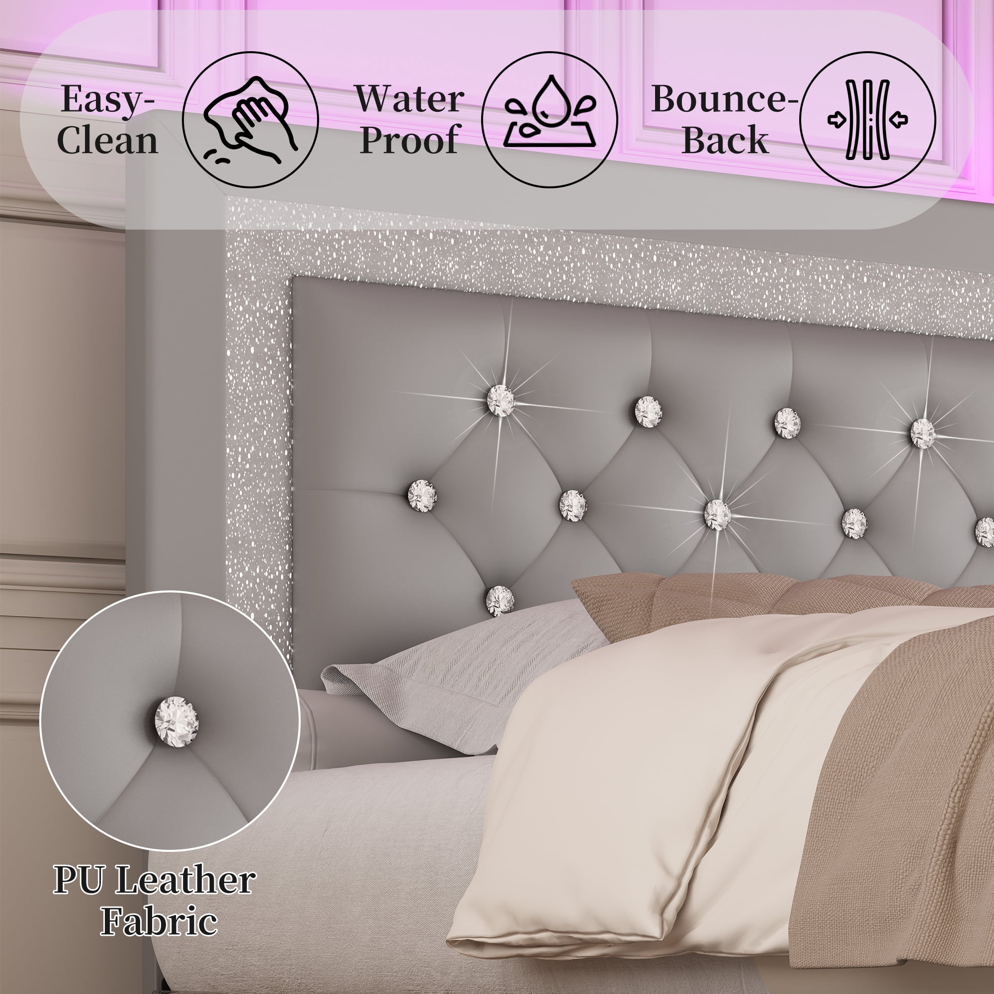 SIBEDS Queen Upholstered Bed Frame with Adjustable Headboard and LED Lights, Gray PU Tufted Diamond Button, No Box Spring Needed, Noise Free