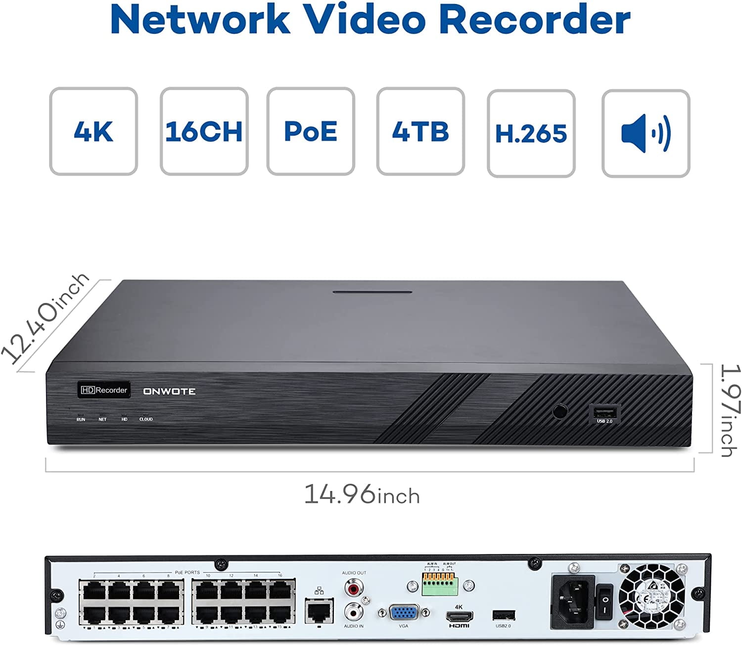 ONWOTE 16 Channel 4K PoE Security Camera System, AI-Human-Detection, 4K 16CH NVR with 4TB HDD for 24/7 Recording, 8 pcs wired 5MP Outdoor PoE IP Cameras with Audio, 16-CH Synchro Playback