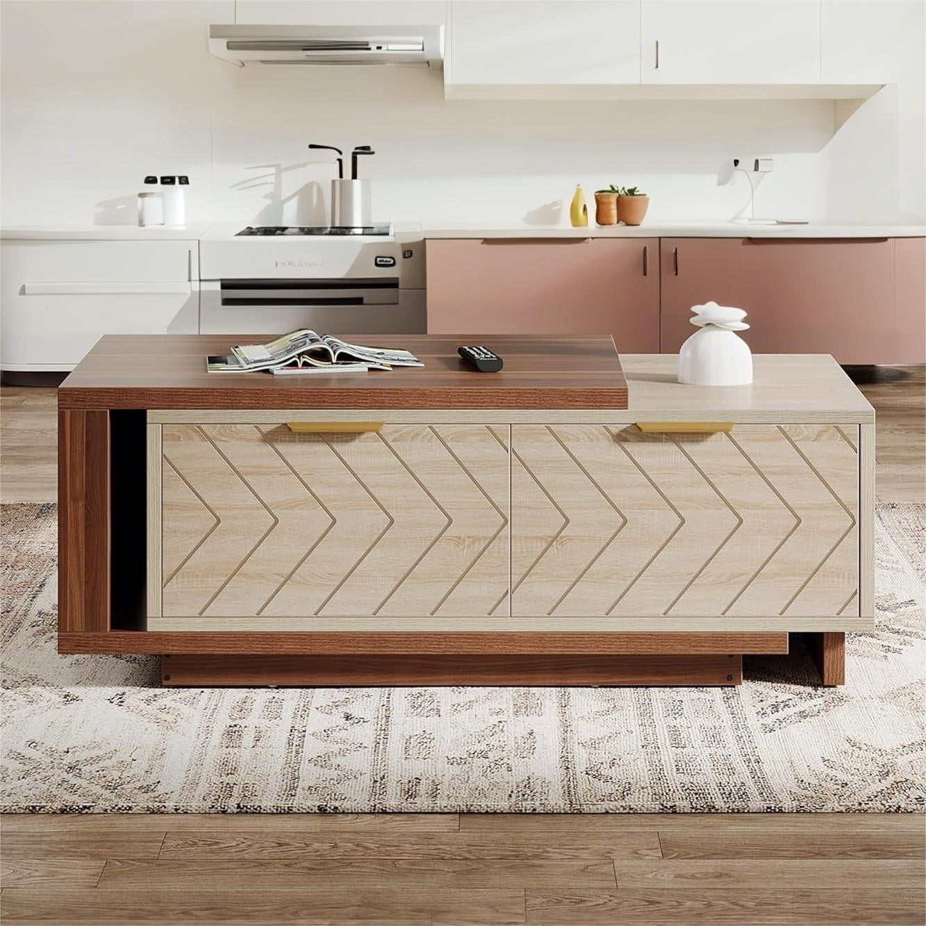 Fnova Modern Extendable Coffee Table with 2 Drawers, 42"-65" Expandable Wood Coffee Table for Living Room, Walnut & Oak