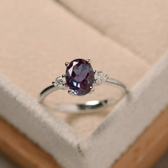 Oval shaped color changing stone,alexandrite anniversary ring, sterling silver, June birthstone ring