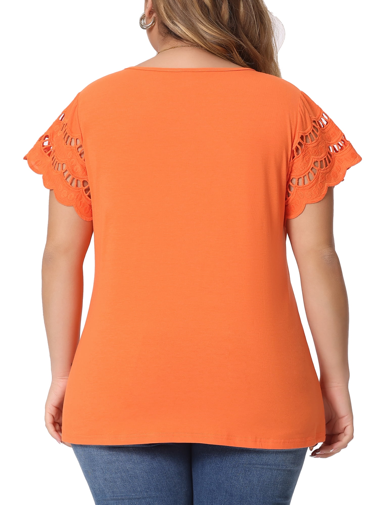 DARING DIVA Women's Plus Size Round Neck Lace Panel Blouses 2X Orange