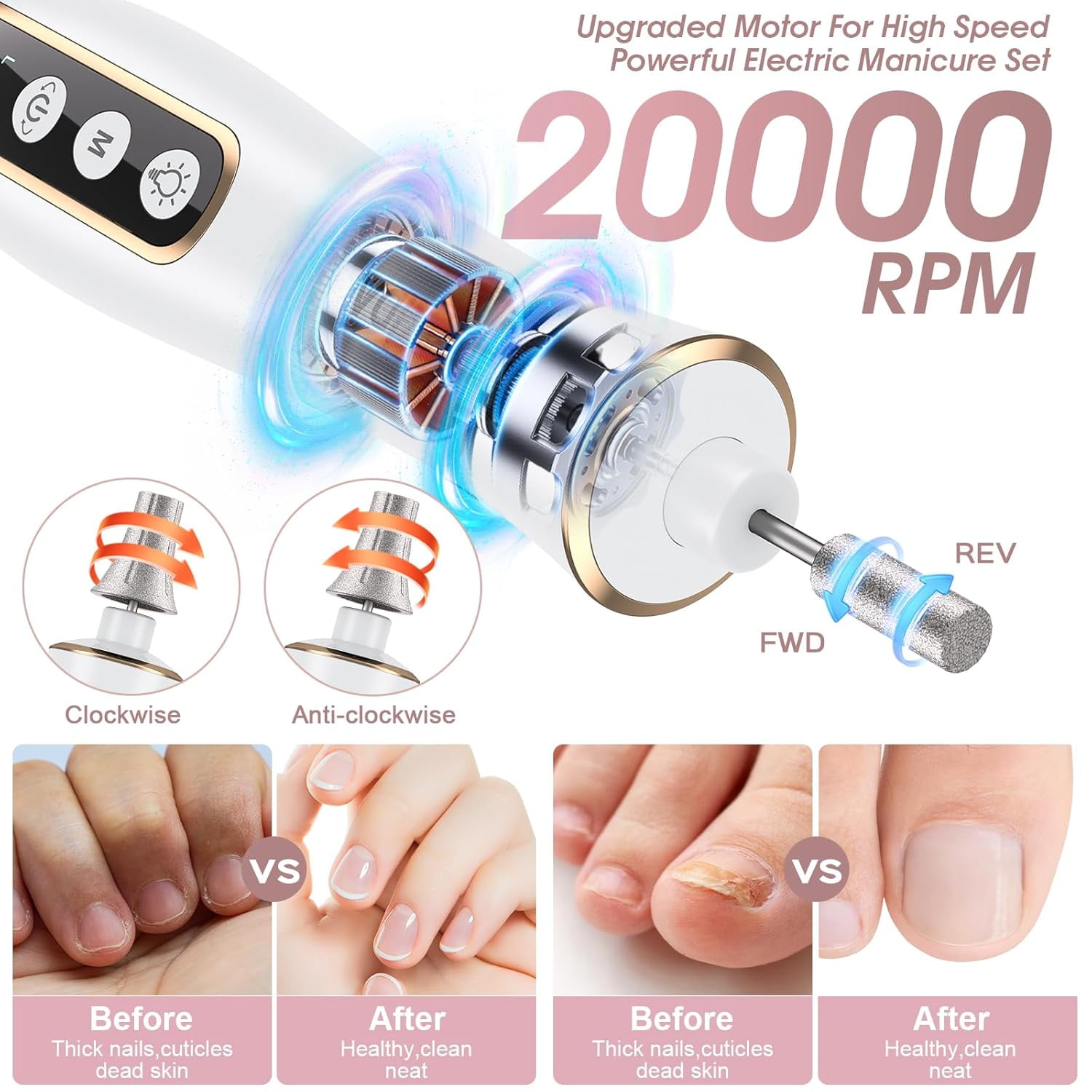 Cordless Electric Nail File Set, Portable Electric Nail Drill Machine, 5 Speeds, Manicure Pedicure Kit with Hand Foot Care Tool