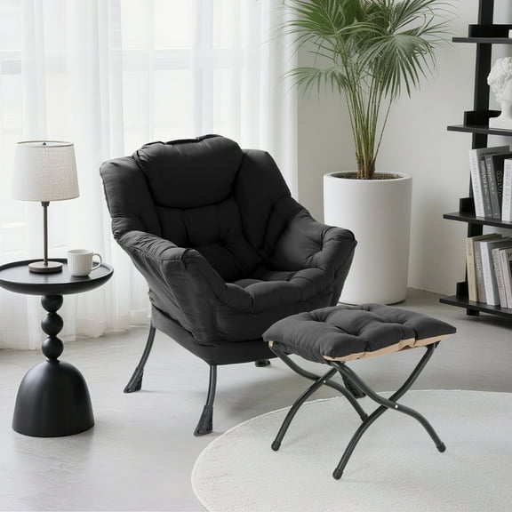 Pirecart Reading Chair, Accent Chair Oversized Comfy Lazy Chair, Modern Comfy Lounge Chair with Foldable Ottoman and Side Pocket for Living Room, Bedroom, Office, Black