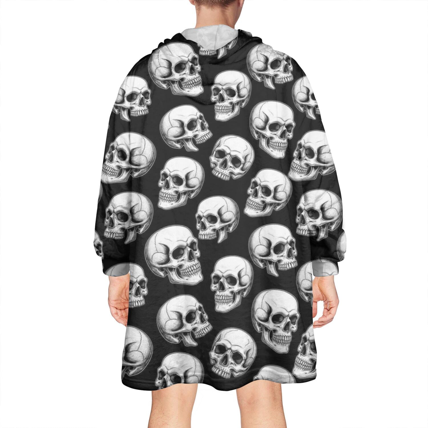 Wearable Oversized Blanket,Black White Skull Pattern Wearable Blanket Hoodie for Adults,Cozy Hooded Blankets with Super Pockets,Super Warm Fuzzy Pullover for Women & Men