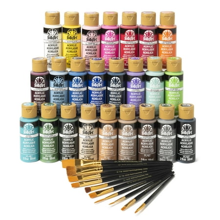 FolkArt Let's Paint Live Acrylic Craft Paint and Paintbrush Set, 2 fl oz, 34 Pieces