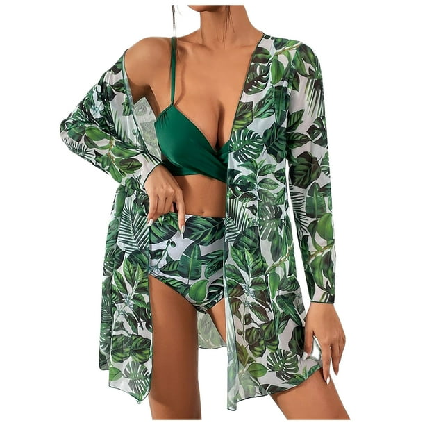 Traje de baño de bikini con estampado de tres piezas para mujer con estampado de bloques de color y cordones de talla grande OAVQHLG3B Store lin121212