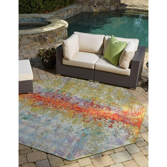 Unique Loom Outdoor Modern Collection Area Rug - Crumpled (7' 1" Octagon Multi/Gold)