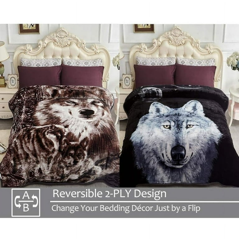 JML 2 Layer King Size Fluffy Chunky Large Raschel Blanket Super Soft Faux Fur Blanket Wolf Animal Print