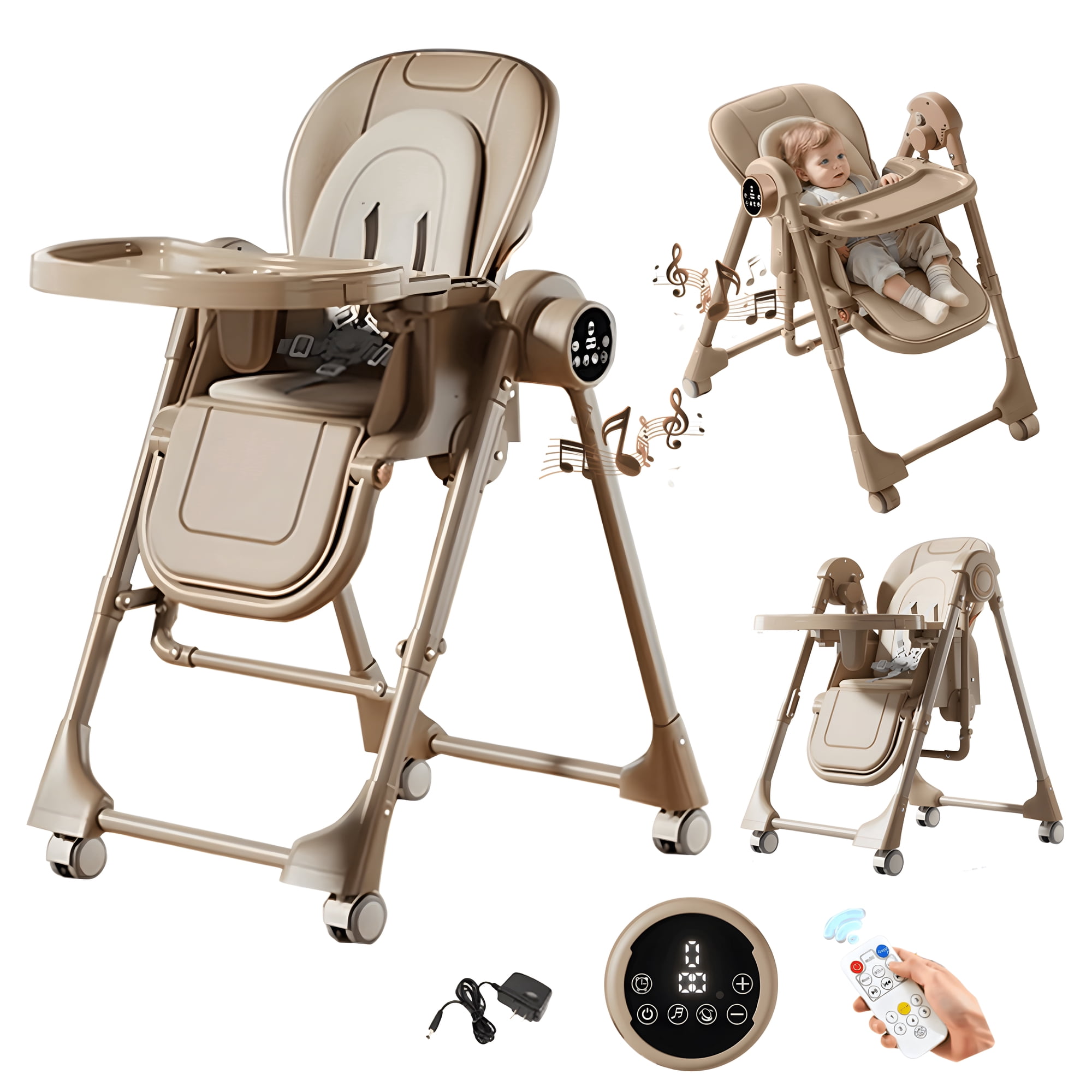 EaseBaby 2-in-1 Electric Baby High Chair,Toddler Eating Chair & Swing Combo,Portable Feeding Chair with Adjustable Dining Tray for Infant,Unisex,Khaki