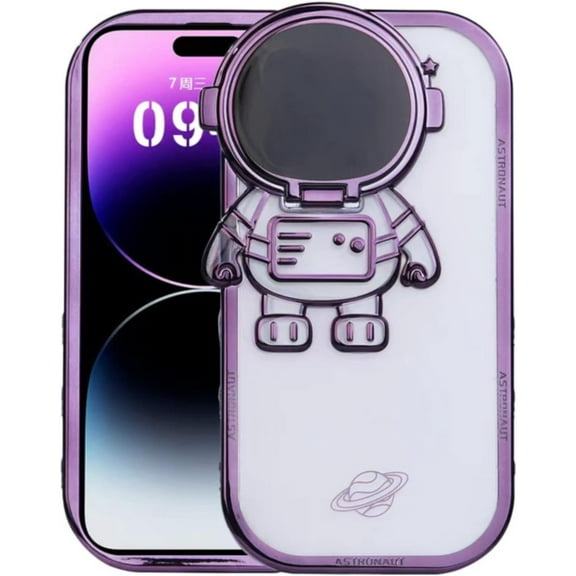 Creative Cute Astronaut Silicone Phone case With Camera Lens Protection Bracket For iPhone 14 13 12 11 XR Plus Pro Max Fashion Comfortable Anti-scratch Spaceman Back Cover(Purple B,13 Pro max)