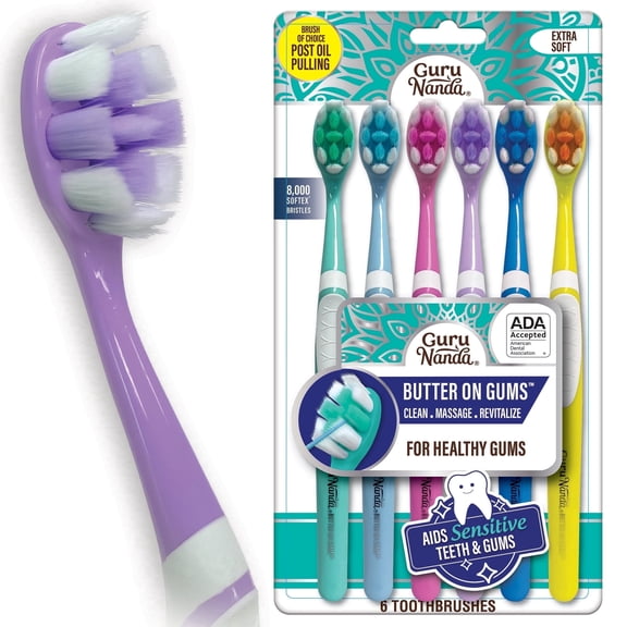 GuruNanda Butter On Gums Toothbrush - Extra Soft Bristles - ADA Accepted - 6 Pack
