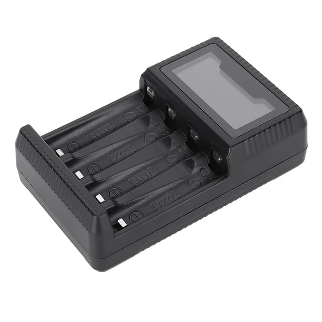 Cargador de batería SEIVI PC con pantalla LCD USB de protección inteligente negra de cuatro ranuras para pilas AA, AAA y Ni-MH.