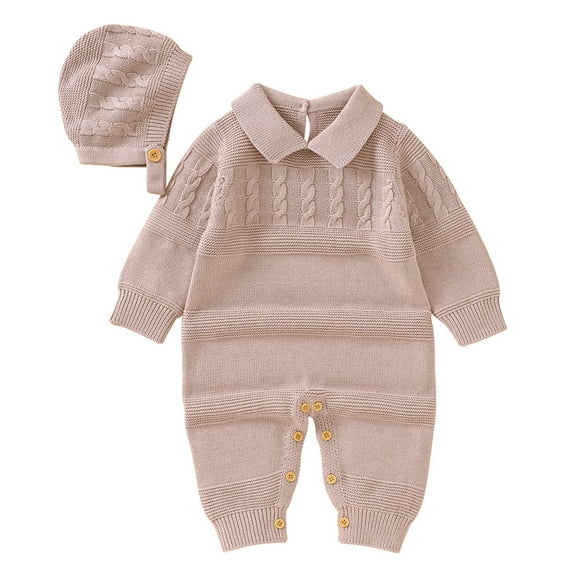 Otqutp Toddler Fashion Bodysuits Baby Knit Romper Cotton Long Sleeve Boy Girl Sweater Clothes Baby Jumpsuit 1 Piece with Cute Hat Set Elastic Waist 2PCS Fall Winter Clothes