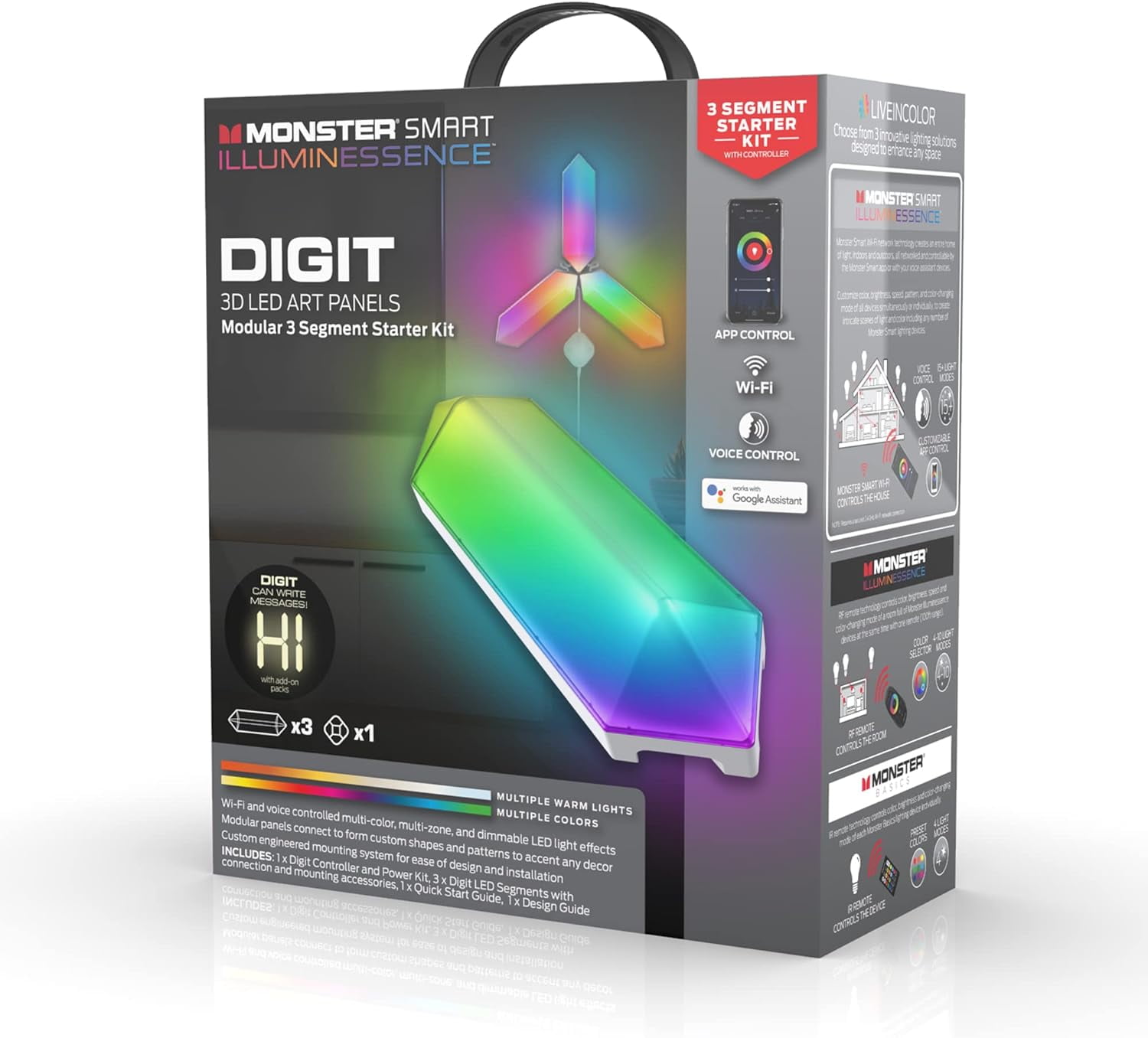 Monster Digit – Kit de Démarrage de Panneaux LED 3D, 3 Panneaux Modulaires, Éclairage Intelligent Wi-Fi, RGB, Commande Vocale, Réactif au Son – MLB7-1035-CAN