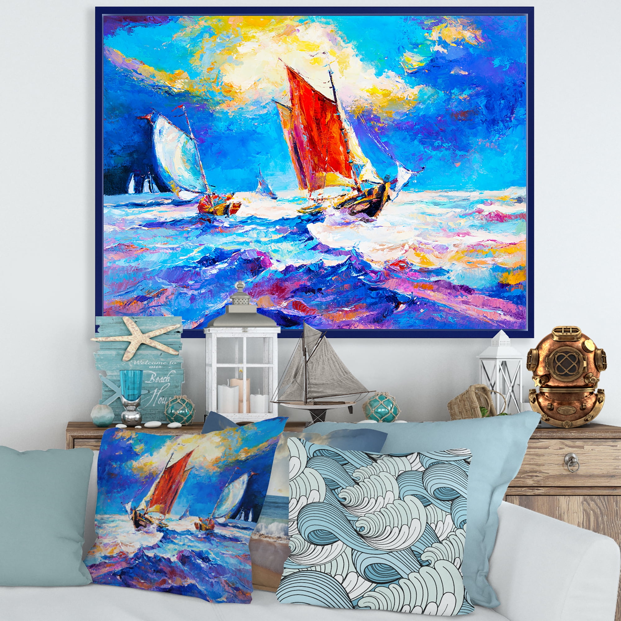 Sailships On The Ocean Waves During Evening 40 in x 30 in Framed Painting Canvas Art Print, by Designart